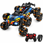 8wd-gesture-sensing-rc-stunt-car-spray-lights-music: left-facing three-quarter studio hero with matching controller.
