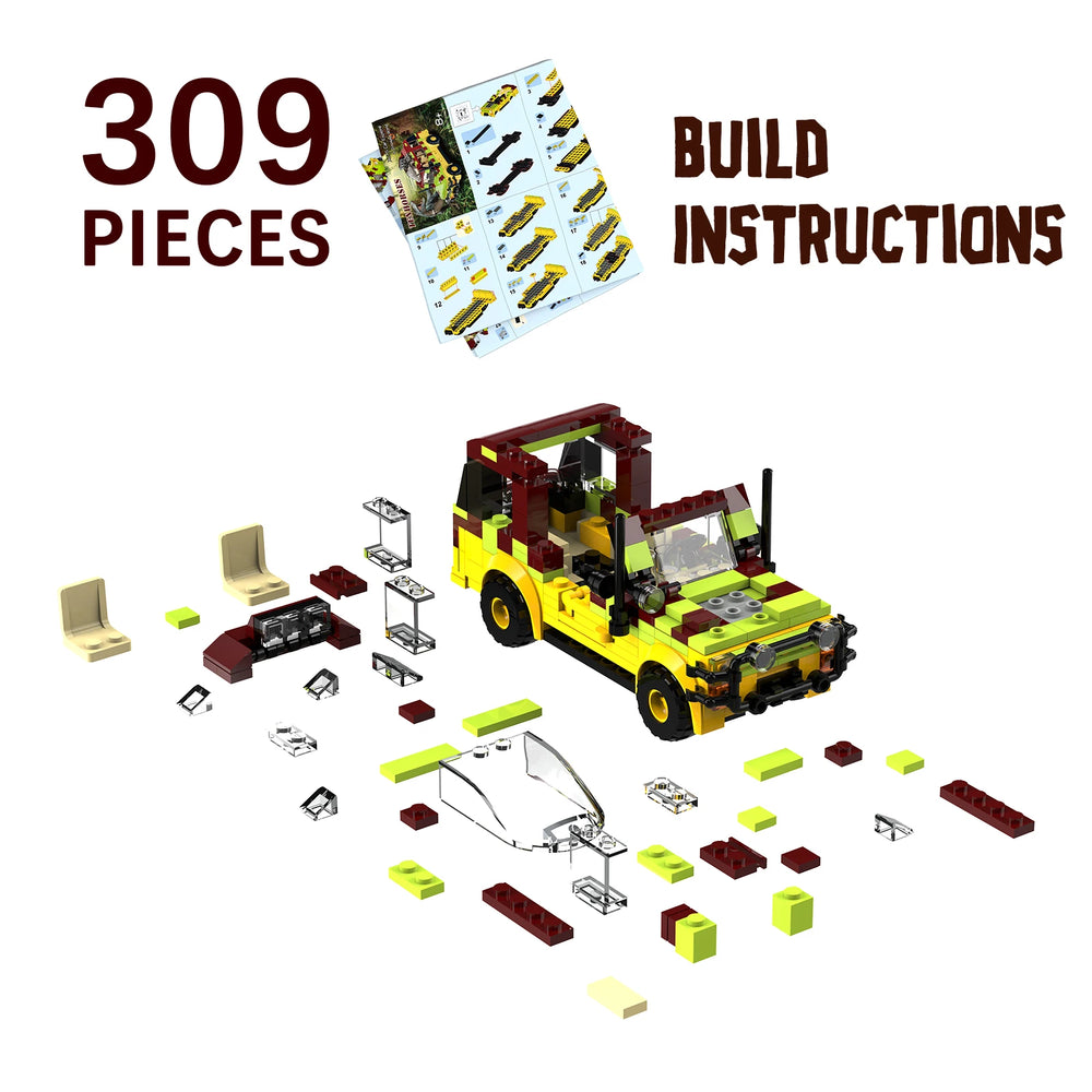 Fully assembled yellow off-road vehicle with dark red and lime green building blocks, featuring dinosaur tracking equipment and expedition features for Jurassic adventure playset