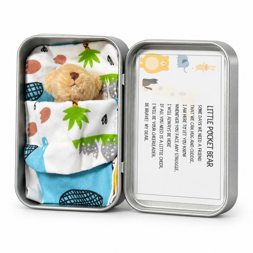 Pocket Bear in a tin box: light brown mini teddy in a blue leaf-print quilt beside a Little Pocket Bear poem card
