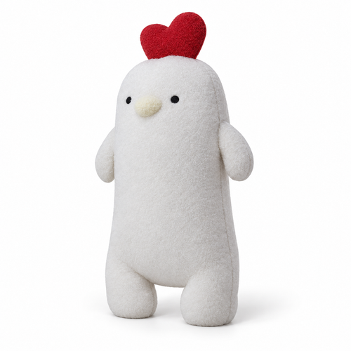 Velvet cartoon animal pillow shaped as a white chicken with red heart comb, angled view