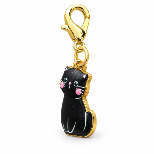 Color 1 black enamel cat charm facing three-quarters left