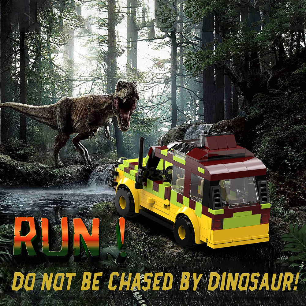 Clear instruction booklet showing step-by-step assembly guide for the 309-piece Jurassic Tour Vehicle building blocks set with detailed construction diagrams