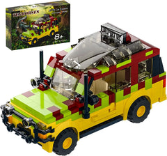 Yellow and dark red Jurassic Tour Vehicle building block set with 309 pieces, LEGO compatible construction toy featuring off-road dinosaur exploration vehicle