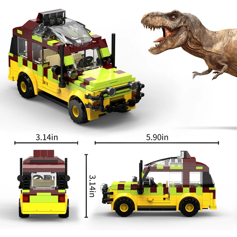 Close-up detail shot of building block components showing LEGO-compatible bricks, vehicle wheels, expedition cabin windows, and attachment points on the Jurassic Tour Vehicle construction toy