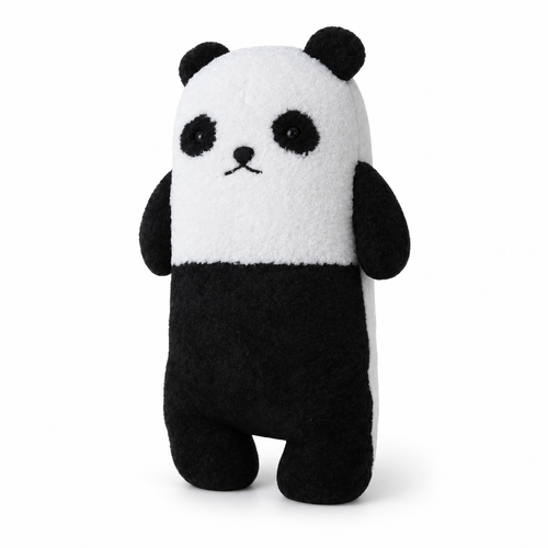 Velvet cartoon animal pillow shaped as a black and white panda, angled view