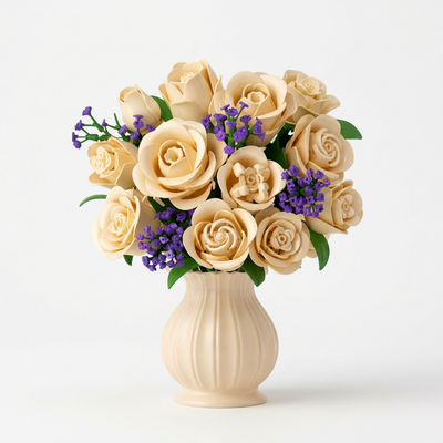 16 Champagne White Roses Building Blocks - 523PCS Botanical Set with Lights