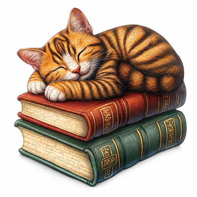 Sleeping Cat on Books Wooden Jigsaw Puzzle for Adults | Irregular Animal Shape Art Puzzle - Toylvia™