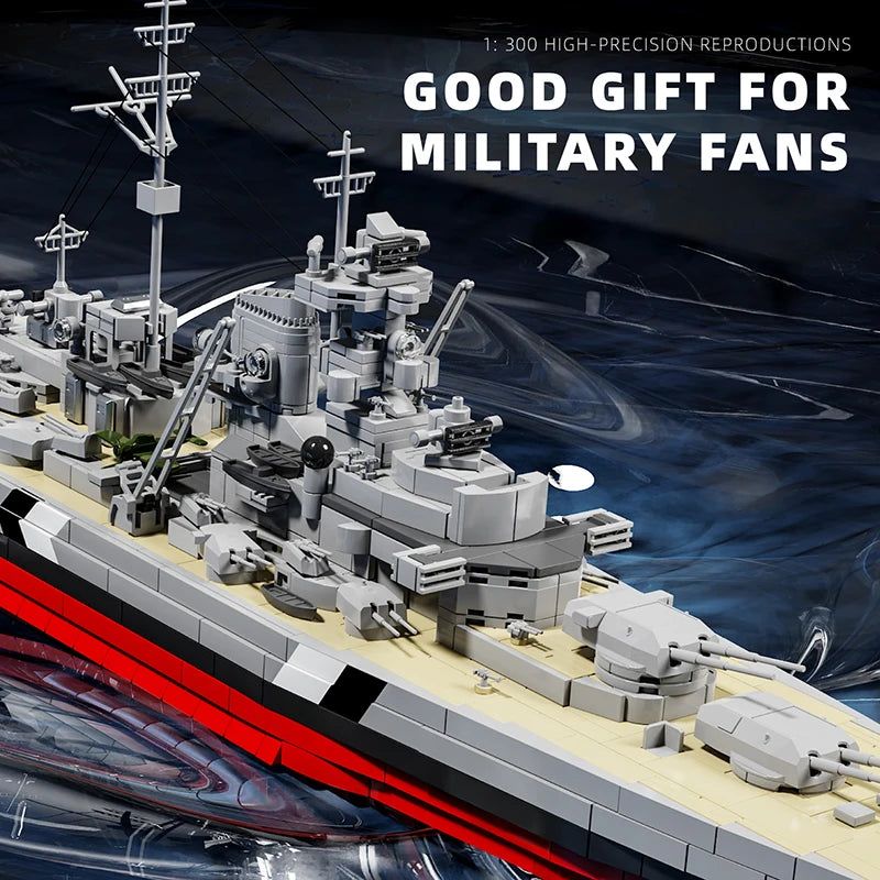 Close-up view of the 2686PCS Bismarck Battleship building blocks kit with detailed deck and turrets, captioned “Good gift for military fans.”