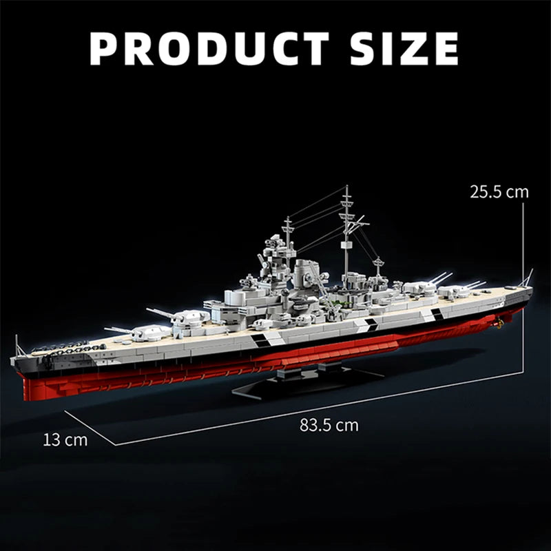 Product size display of the Bismarck Battleship building blocks kit showing dimensions 83.5 cm length, 13 cm width, and 25.5 cm height.