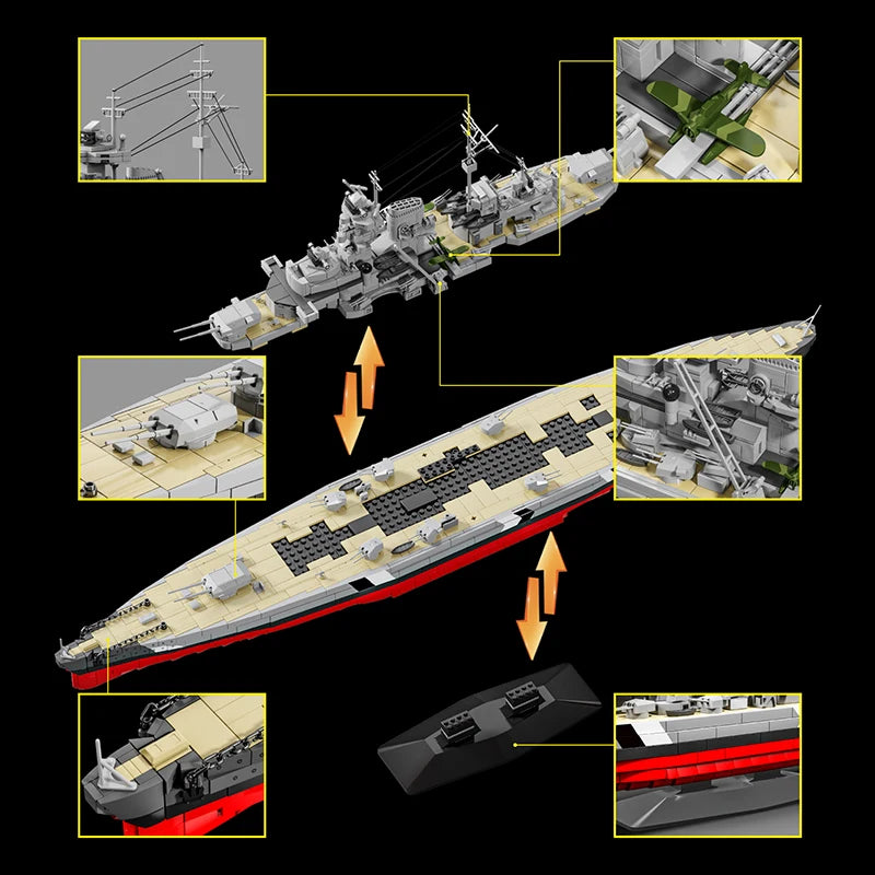 Detailed parts view of the 2686PCS Bismarck Battleship building blocks kit showing deck, turrets, and structural sections.
