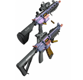 Toylvia M4A1 M416 electric shell-ejecting toy rifle in iridescent purple-blue finish with gold dummy rounds on a clean white background.