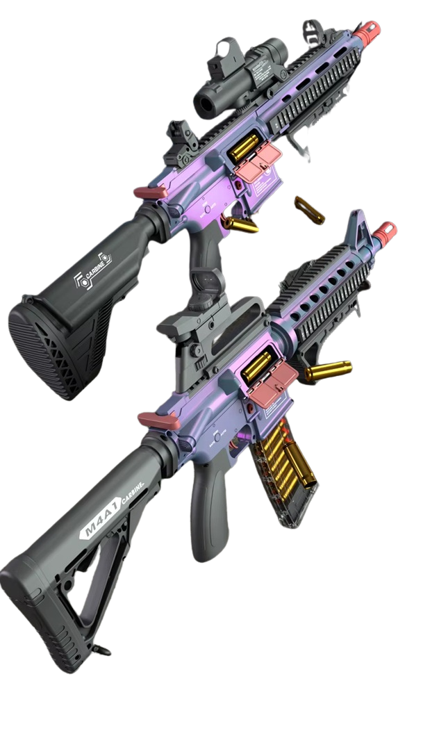 Purple and black M4A1/M416 shell-ejecting electric toy rifles with gold shells displayed on a transparent background.