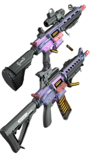 Purple and black M4A1/M416 shell-ejecting electric toy rifles with gold shells displayed on a transparent background.