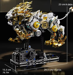 Mechanical Lion 1073PCS building blocks model showing product dimensions with gold and white mechanical details on a display stand.