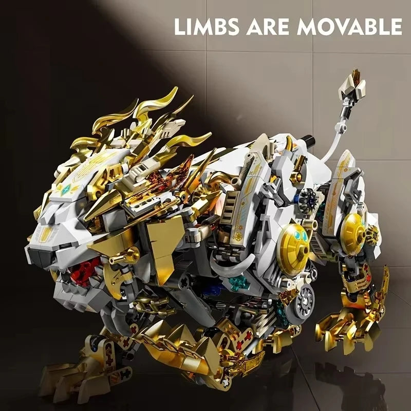 Mechanical Lion 1073PCS building blocks model showing movable limbs with gold and white mechanical details.