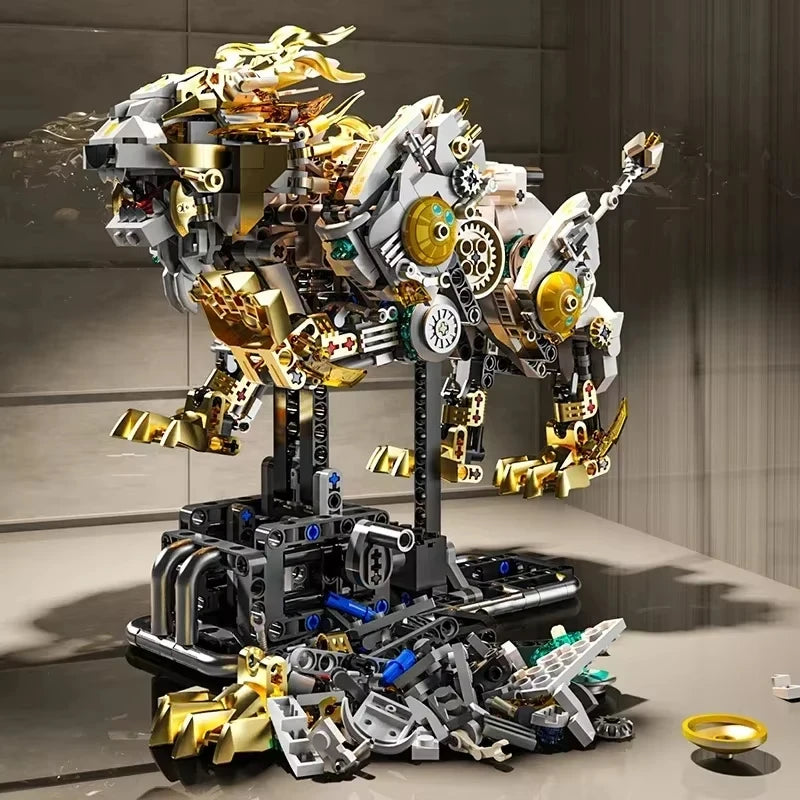 Side view of the Mechanical Lion 1073PCS building blocks model displayed on a mechanical stand with extra pieces shown at the base.