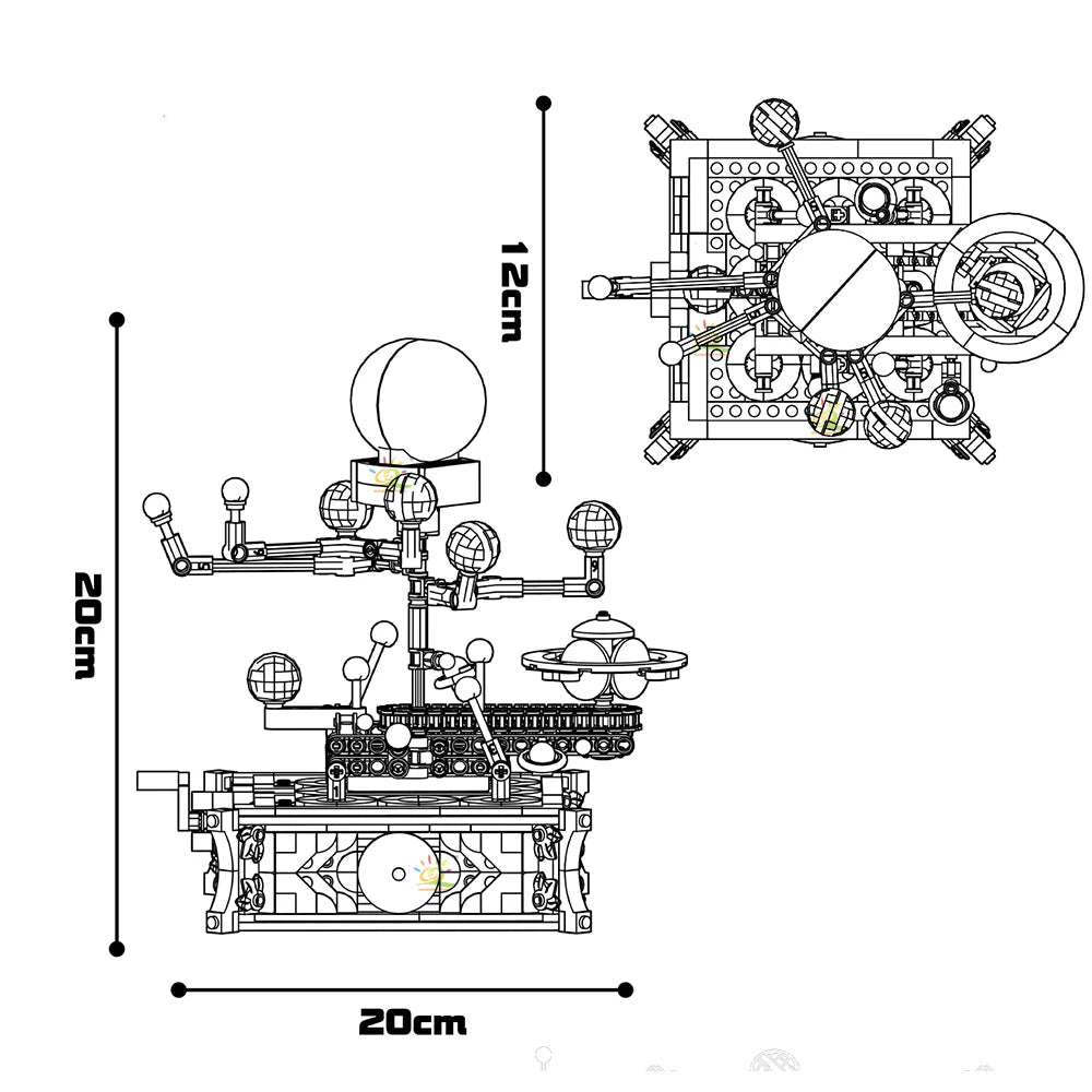 Dimension diagram of the 697PCS mechanical solar system building set showing 20cm height and width with top and side view.