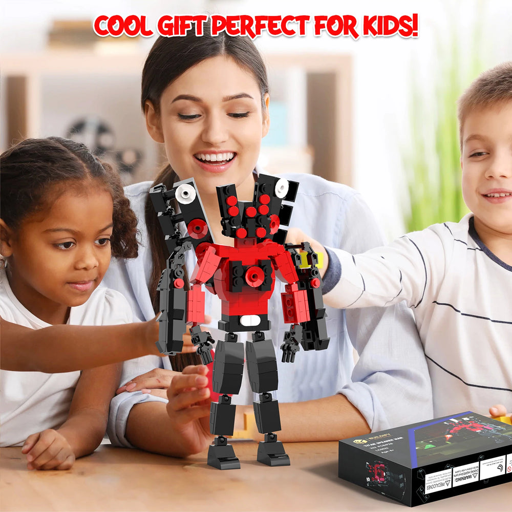 Children playing with the Titan Speakerman 2.0 building block figure at a table