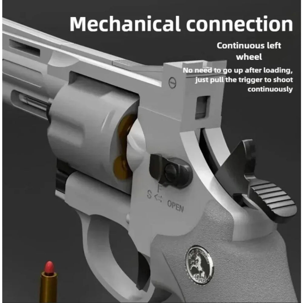 Close-up of ZP5 357 toy revolver showing the mechanical connection feature on a dark background.