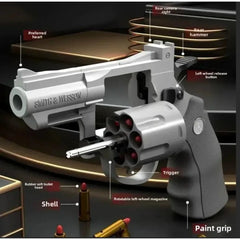 ZP5 357 toy revolver parts diagram showing labeled components on a dark background.