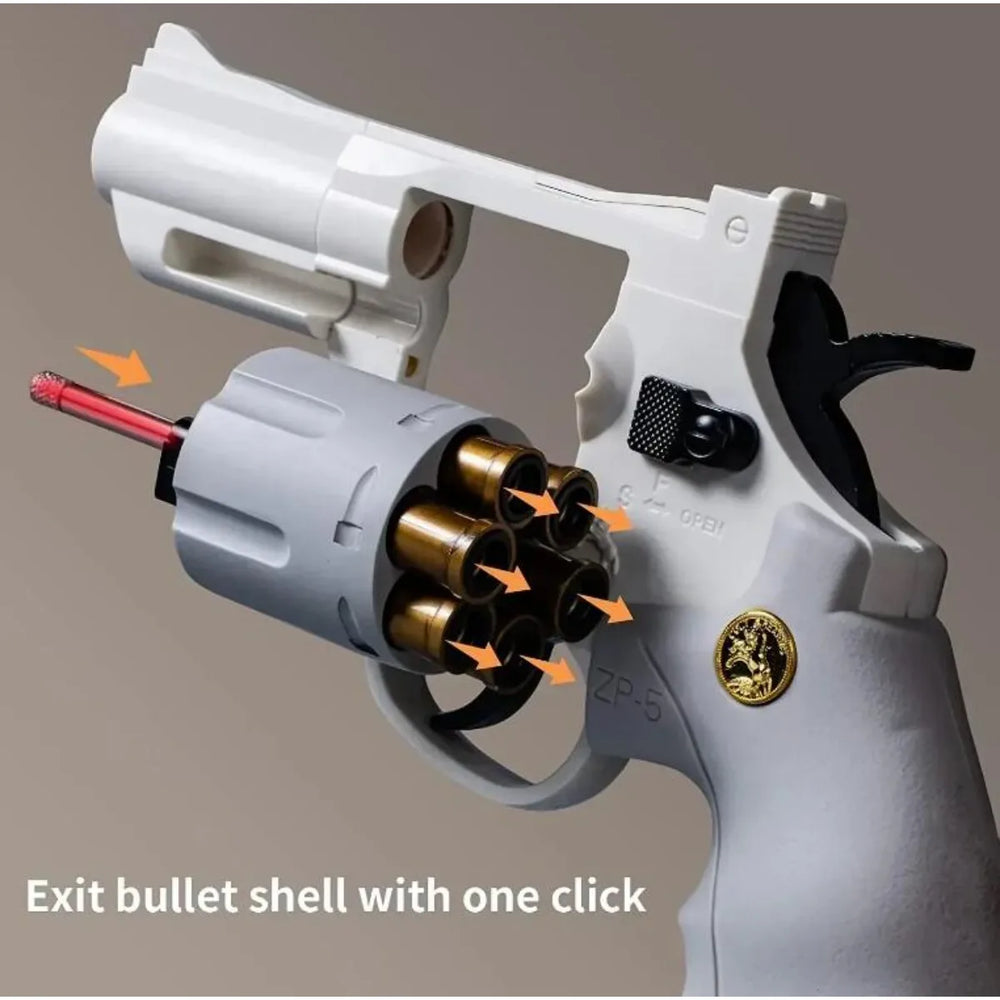 ZP5 357 white toy revolver showing shell ejection mechanism with arrows on a gray background.