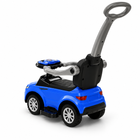 Rear-right studio view of the blue toddler push car showing its parent handle, seatback and safety bar.