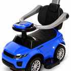 Close-up of the blue push car steering wheel, black seat and gray safety bar.