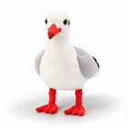 25cm red-billed gull plush toy front view, white chest, red beak, dark red eyes, grey wings, red legs