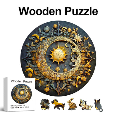 Celestial Sun Moon Wooden Jigsaw Puzzle Zodiac Art with Unique Animal Shaped Pieces