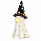 White ceramic ghost with gold stars and witch hat, one piece from the three-piece set, viewed three-quarter left