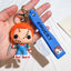 Chucky-style horror doll keychain with stitched face design and blue wrist strap