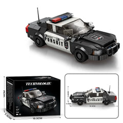 Toy police car set with packaging and dimensions on a white background