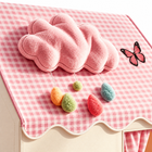 Close view of tent gingham roof, plush pink cloud, colorful raindrops and butterfly detail