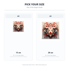White-background size guide showing the exact listed size options for the dragon puzzle.
