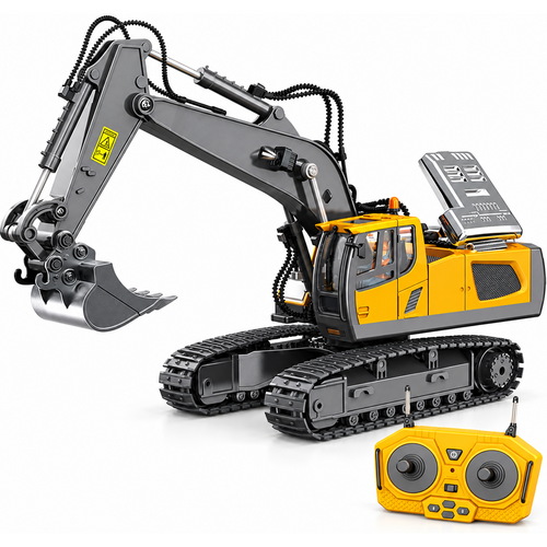 Yellow 14-channel RC excavator studio hero