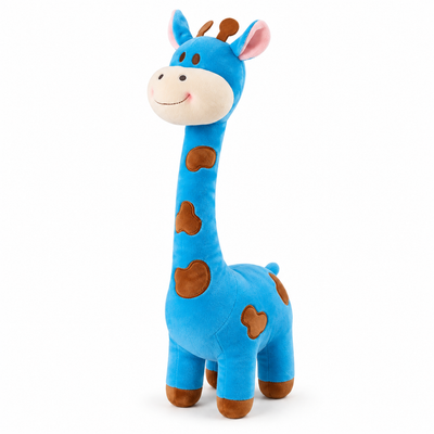 Blue cartoon giraffe plush pillow on white background with natural contact shadow