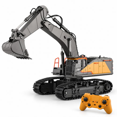 Huina 1592 1:14 graphite-gray and desert-tan tracked RC excavator in a left-facing three-quarter studio view with matching orange two-stick controller.
