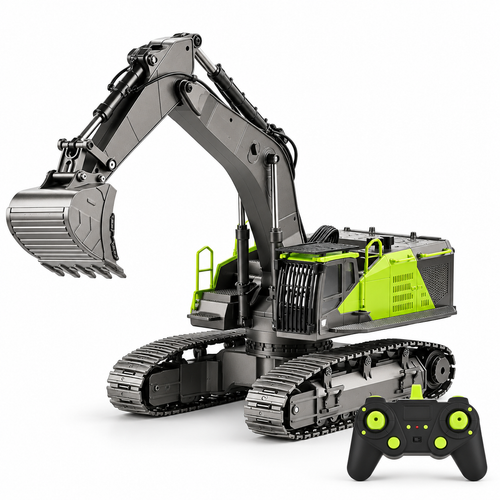 Huina 1593 graphite-gray and vivid lime-green 1:14 RC excavator in a left-facing three-quarter studio view with matching black-and-lime controller.