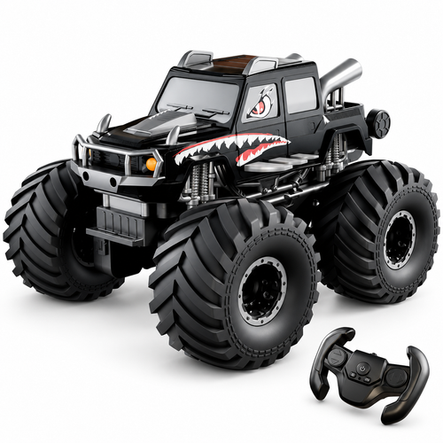 RC truck hero, black Jeep-style shell with matching steering remote