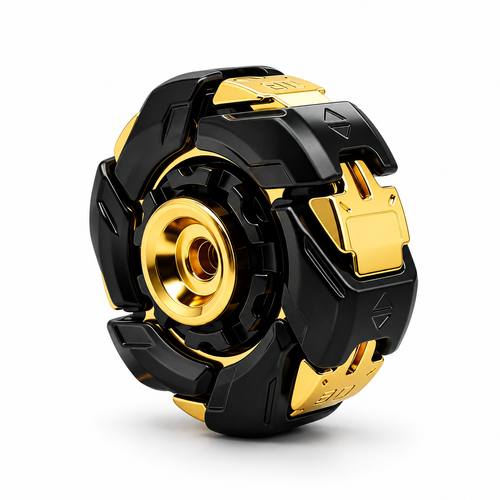 Rotating shell metal spinning top fidget in Black Gold, standing three-quarter view on white
