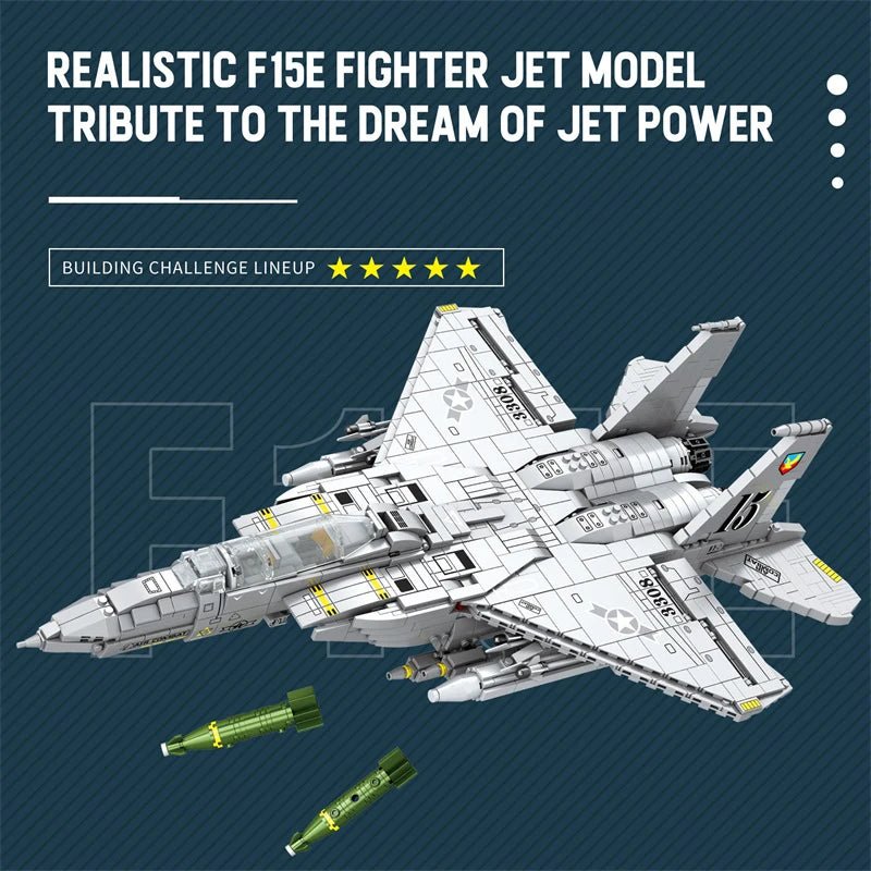 All 2216 F-15E Strike Eagle building blocks and components laid out showing white, gray, and accent color pieces, included missile weapons systems, fuselage sections, engine components, wing assemblies, and detailed assembly parts