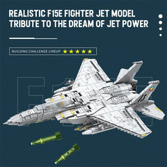 All 2216 F-15E Strike Eagle building blocks and components laid out showing white, gray, and accent color pieces, included missile weapons systems, fuselage sections, engine components, wing assemblies, and detailed assembly parts