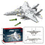 Complete F-15E Strike Eagle fighter jet building set with 2216 precision building blocks displayed in white and gray colors, featuring dual engines, advanced weapons systems, and professional military detail on tactical background