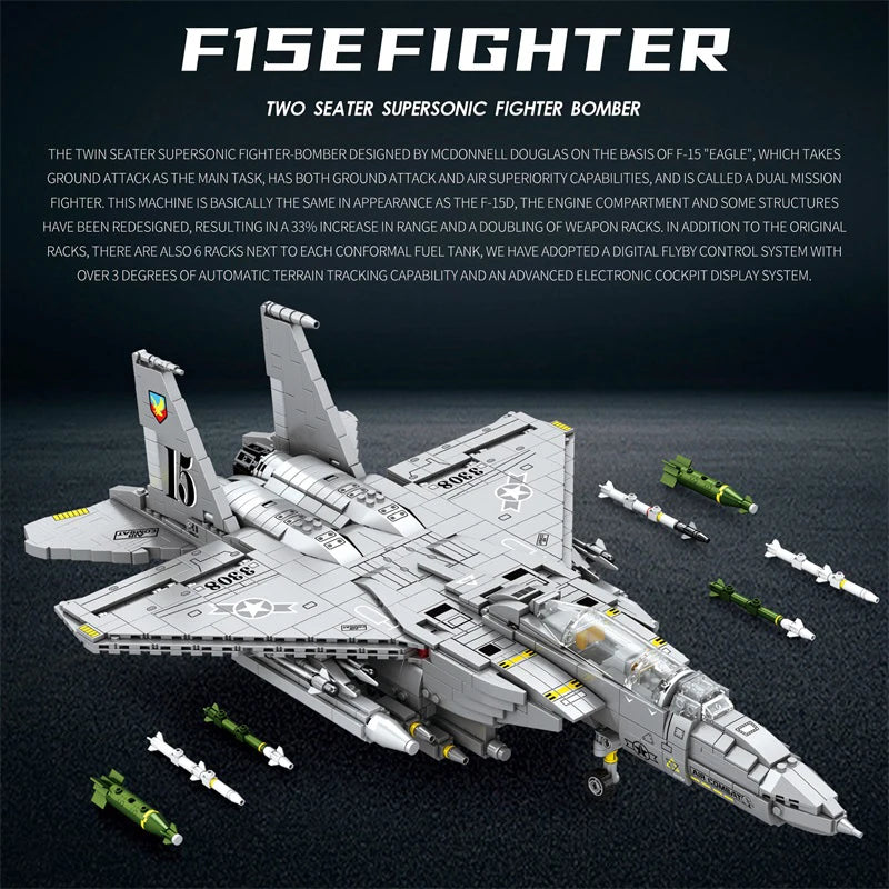 Close-up detail of F-15E Strike Eagle building blocks showing intricate cockpit design, detailed fuselage sections, dual engines, missile attachment points, weapons systems assembly, and precision building block construction