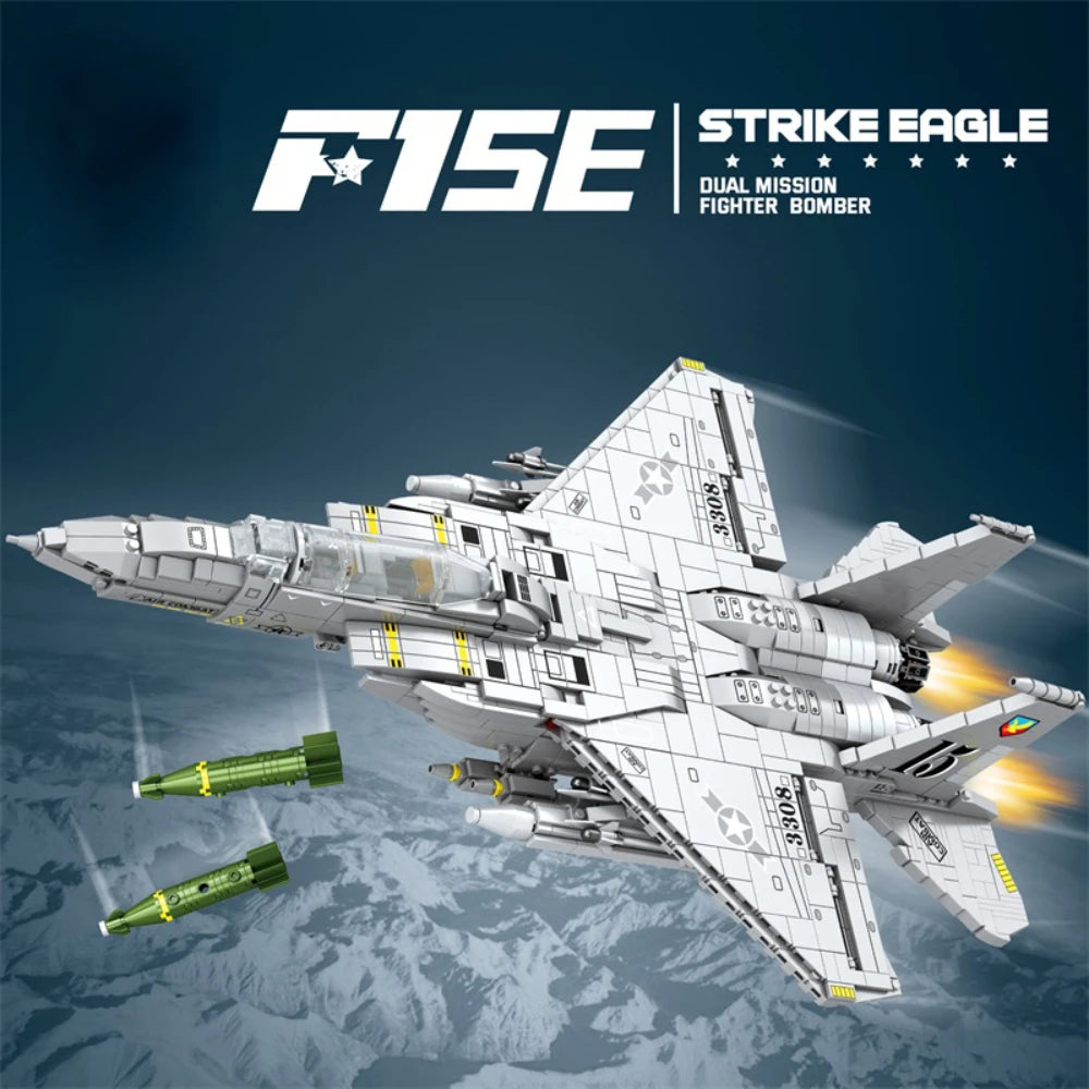 Fully assembled F-15E Strike Eagle military fighter jet model showing complete 2216-piece construction with sophisticated design details, sleek fuselage, dual engines, integrated weapons systems, and professional-grade building block assembly