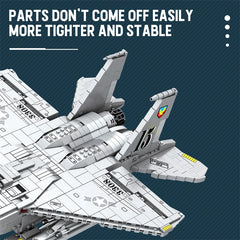 Completed F-15E Strike Eagle collectible military jet model displayed from top view showing full construction with detailed fuselage, delta-canard wing configuration, dual engines, weapons systems, and professional museum-quality display