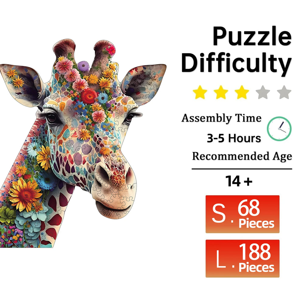 Flower giraffe wooden jigsaw puzzle showing difficulty level, assembly time, and piece count Toylvia