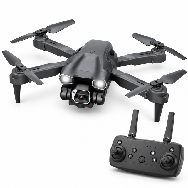 Foldable Mini FPV drone with its twin-antenna controller on a white background