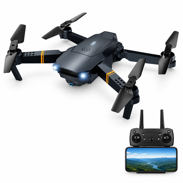 Foldable charcoal FPV quadcopter with matching controller and phone mount