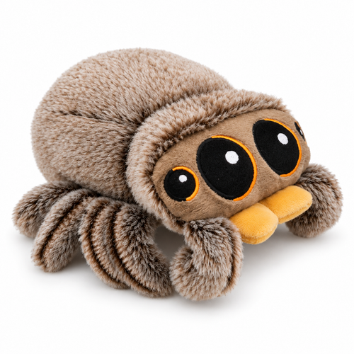 Taupe-brown jumping spider plush from a front-right three-quarter angle on a white studio background.